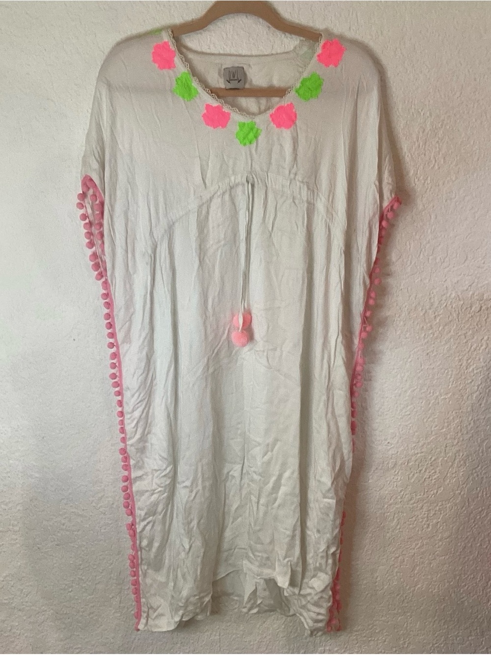 Owl Marrakech Kaftan White W/neon Pink Green, Pink Beach Cover Up Elegant